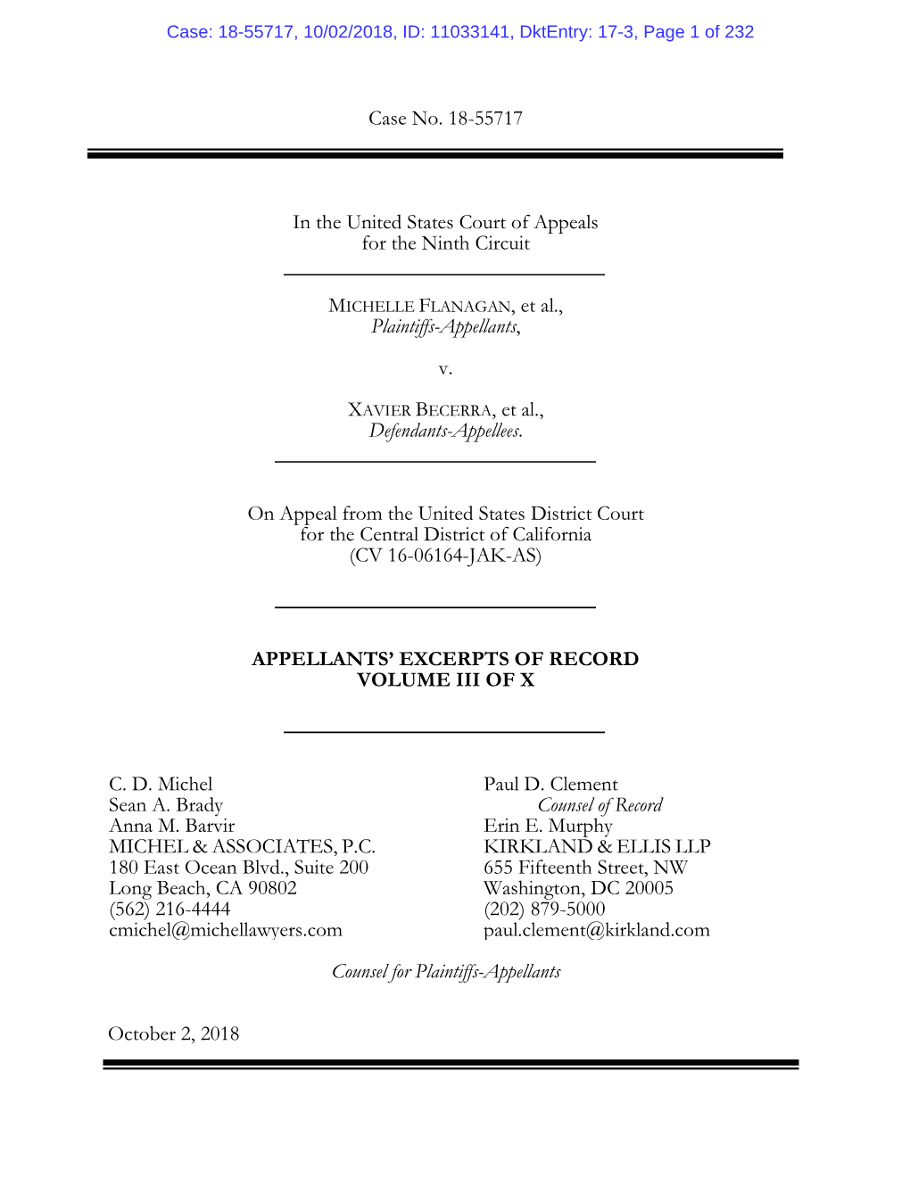 Case No. 18-55717 in the United States Court of Appeals for the Ninth Circuit MICHELLE FLANAGAN, Et Al., Plaintiffs-Appellants