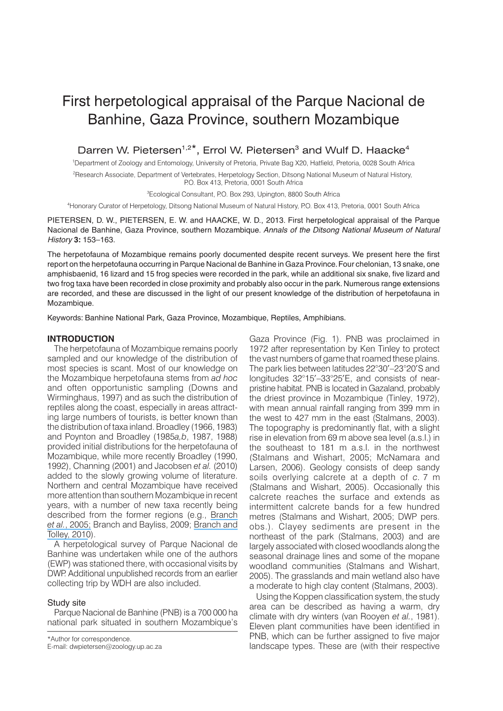 First Herpetological Appraisal of the Parque Nacional De Banhine, Gaza Province, Southern Mozambique