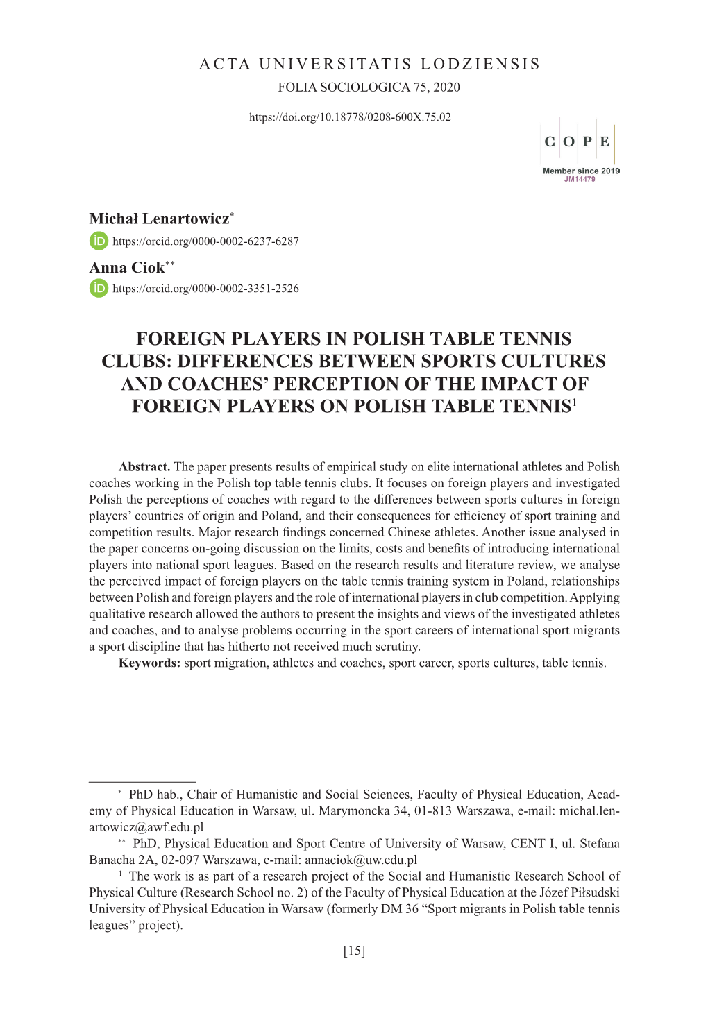 Foreign Players in Polish Table Tennis Clubs: Differences Between Sports Cultures and Coaches' Perception of the Impact Of