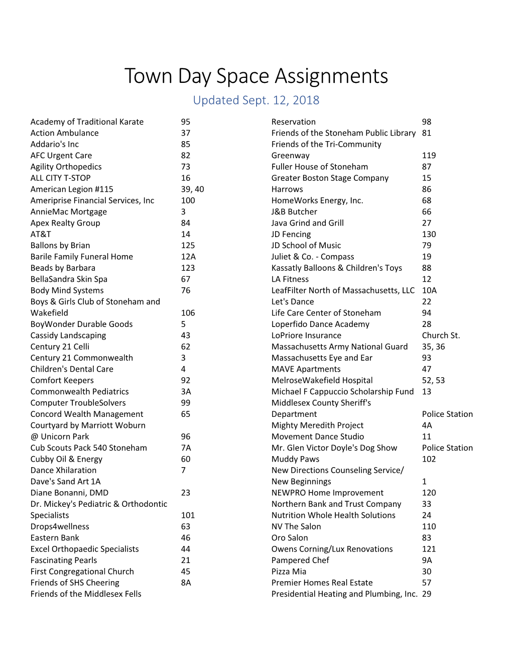 Town Day Space Assignments Updated Sept