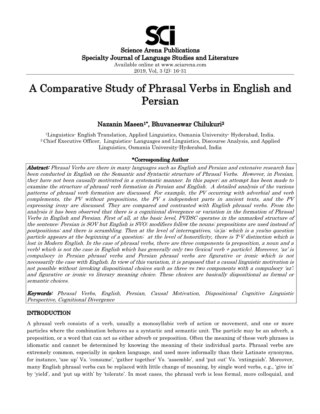 A Comparative Study of Phrasal Verbs in English and Persian