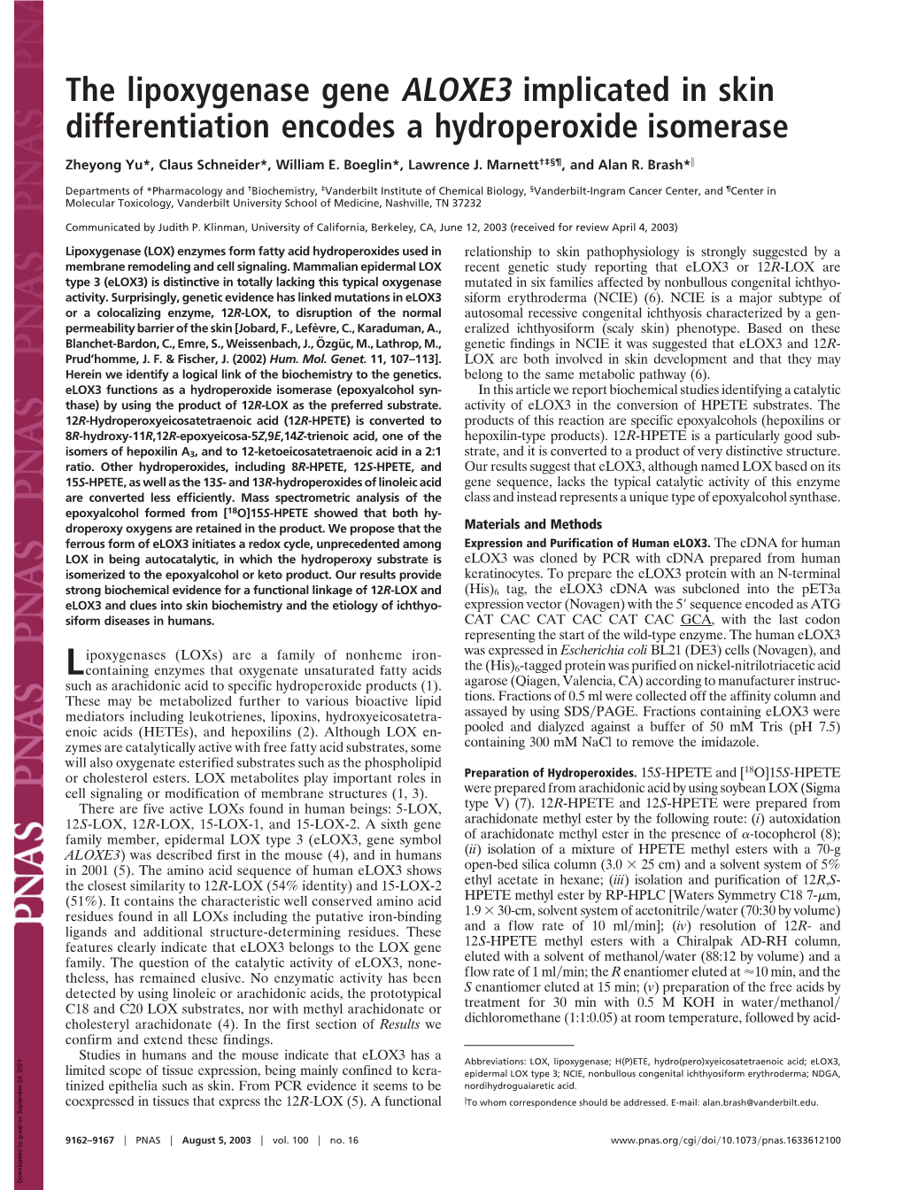 The Lipoxygenase Gene ALOXE3 Implicated in Skin Differentiation Encodes a Hydroperoxide Isomerase