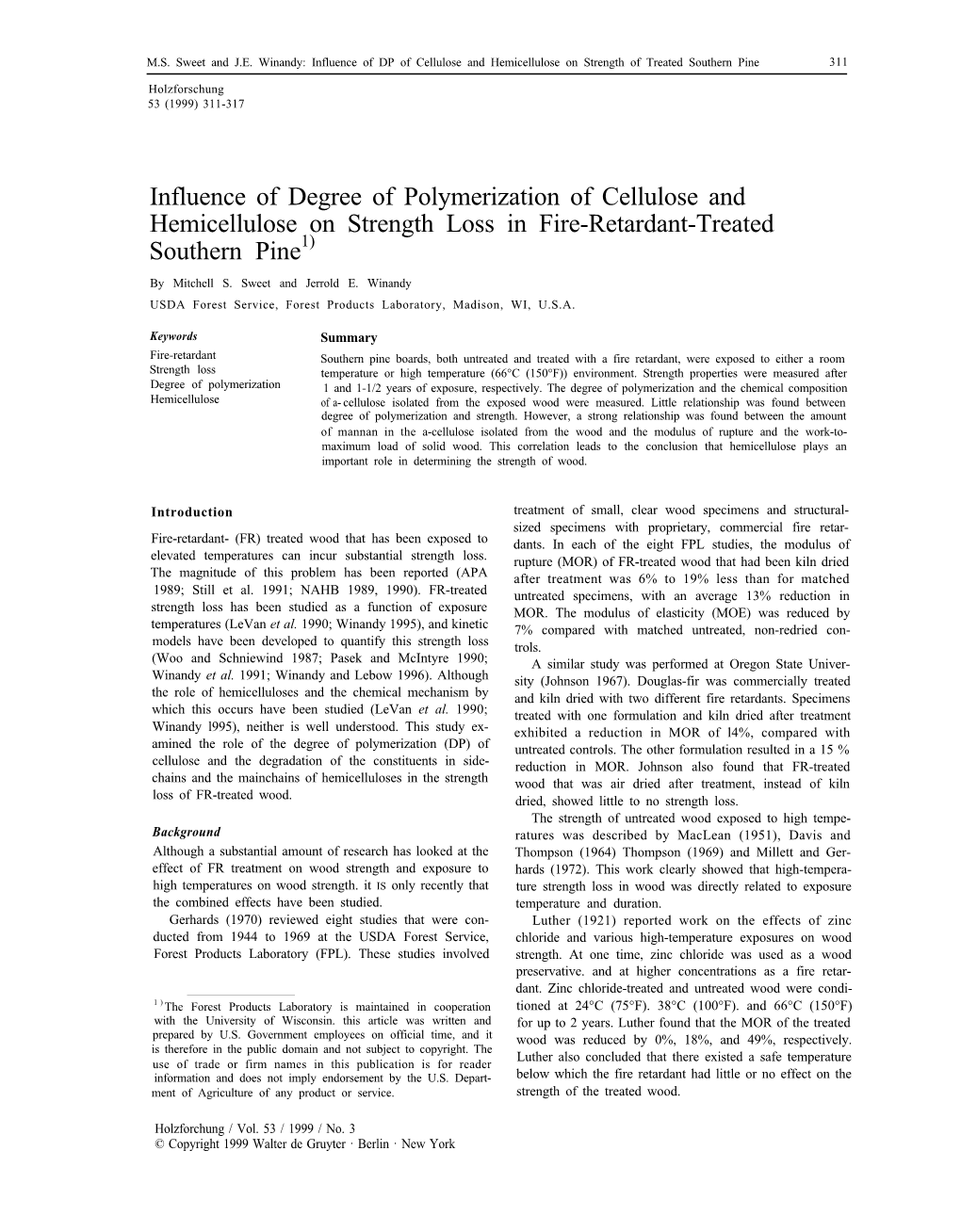 Influence of Degree of Polymerization of Cellulose and Hemicellulose on Strength Loss in Fire-Retardant-Treated Southern Pine1)