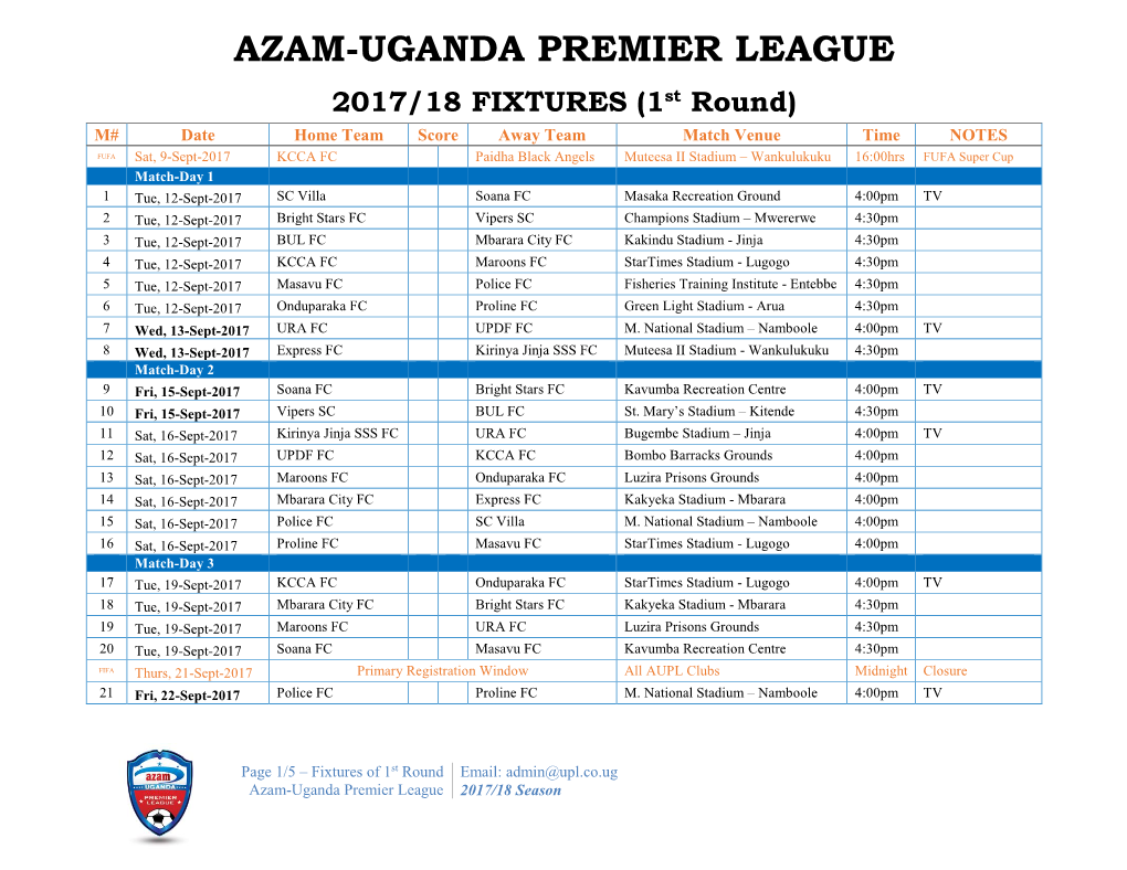 AUPL Fixtures 2017-18 Season