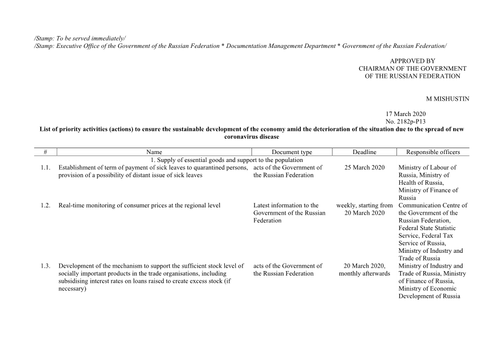 Executive Office of the Government of the Russian Federation * Documentation Management Department * Government of the Russian Federation