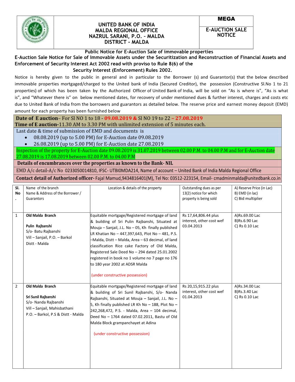 27.08.2019 Time of E Auction-11.30 AM to 3.30 PM with Unlimited Extension of 5 Minutes Each