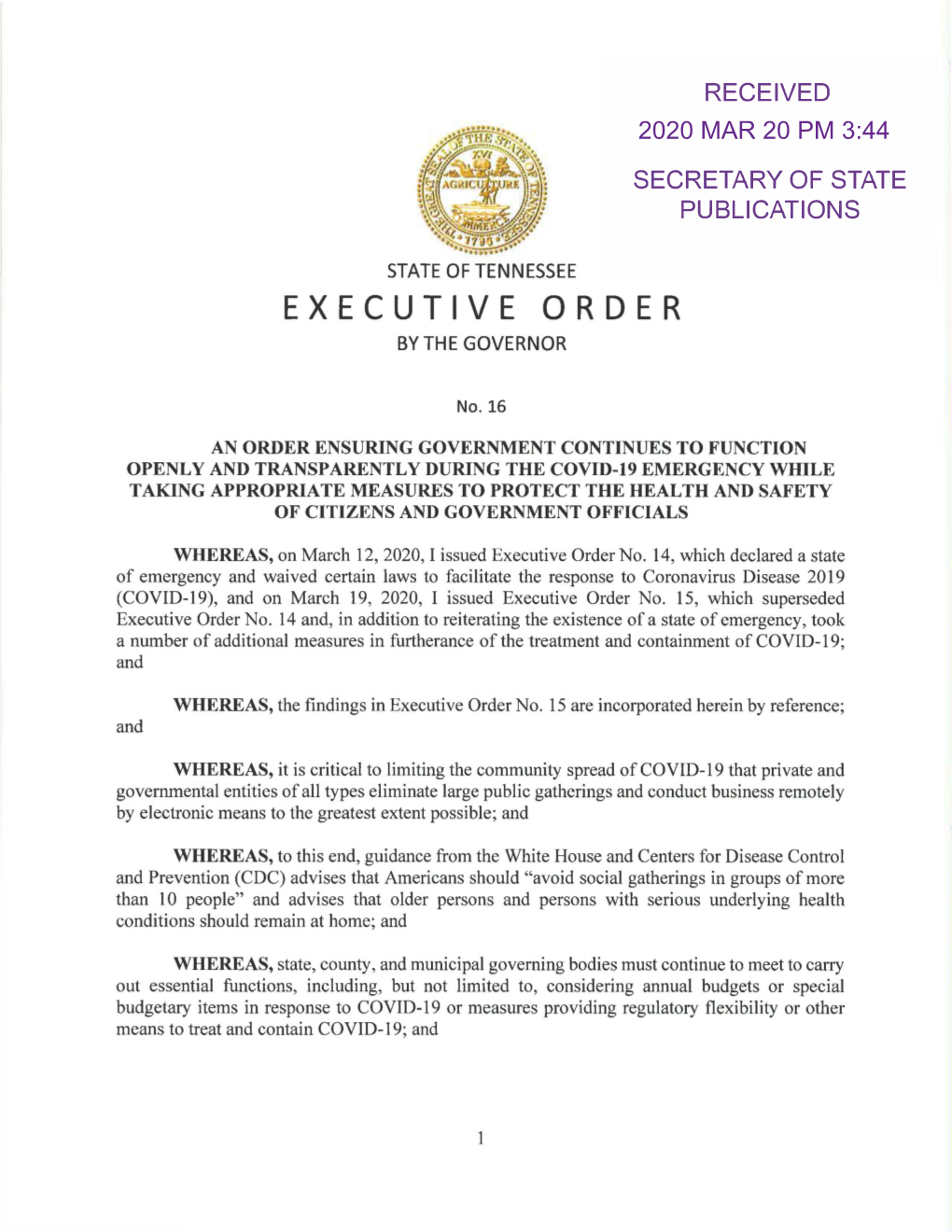 Executive Order No. 16