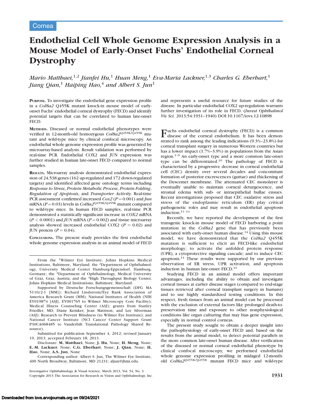 Endothelial Cell Whole Genome Expression Analysis in a Mouse Model of Early-Onset Fuchs’ Endothelial Corneal Dystrophy