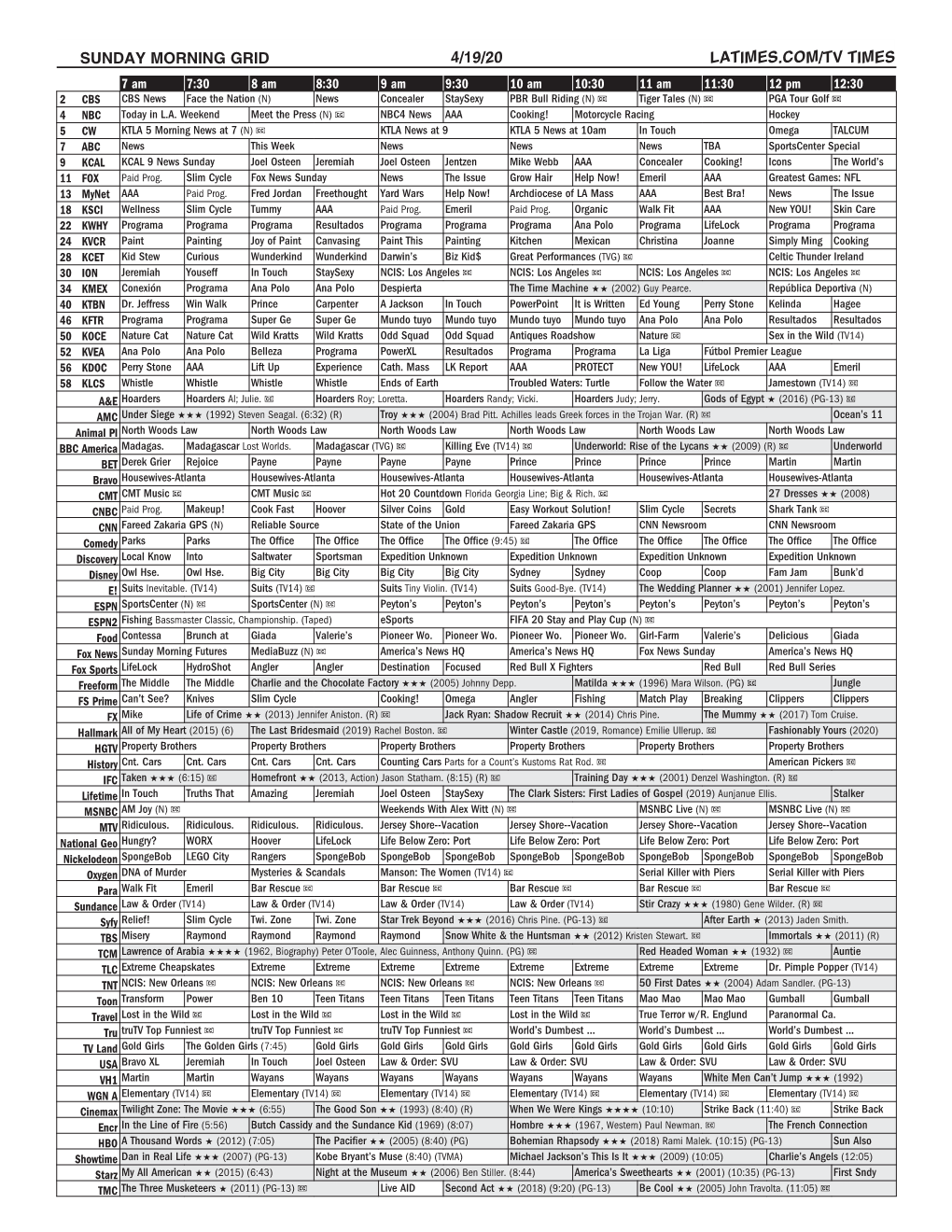 Sunday Morning Grid 4/19/20 Latimes.Com/Tv Times