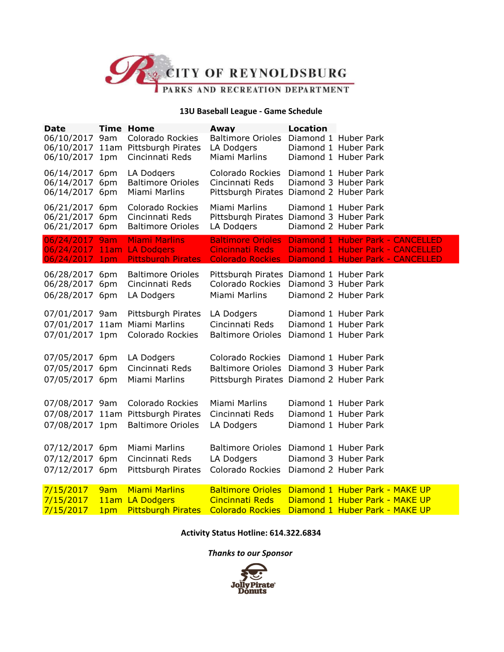 13U Baseball League - Game Schedule