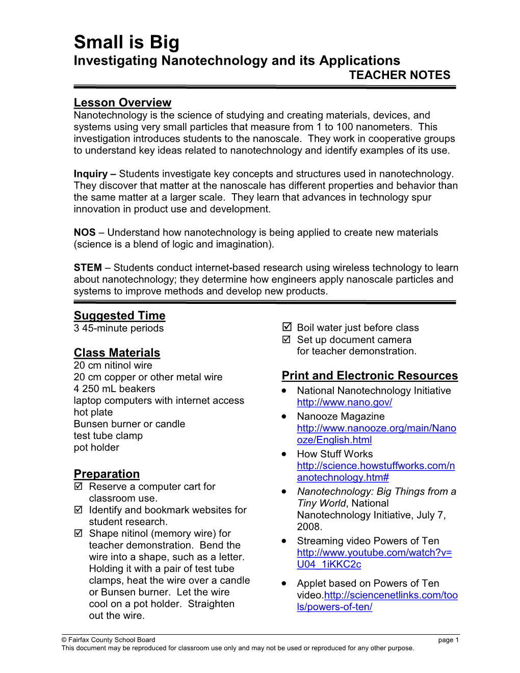 Small Is Big Investigating Nanotechnology and Its Applications TEACHER NOTES