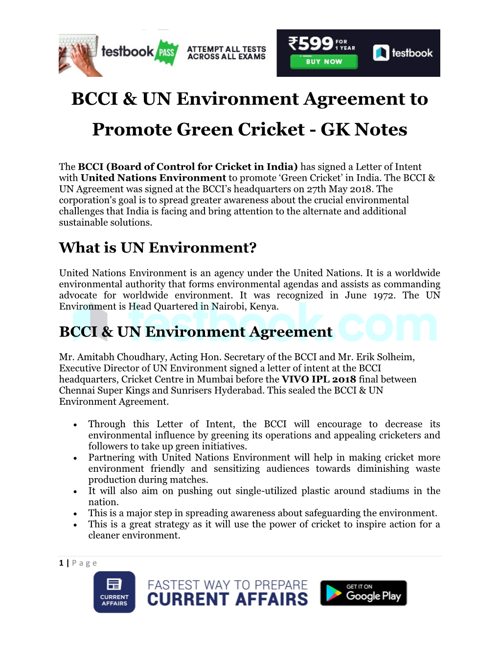 BCCI & UN Environment Agreement to Promote Green Cricket