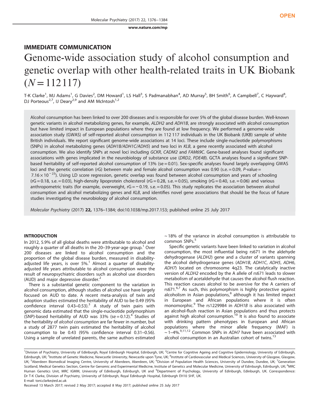 Genome-Wide Association Study of Alcohol Consumption and Genetic Overlap with Other Health-Related Traits in UK Biobank (N = 112117)