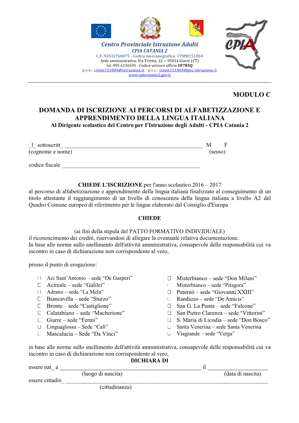 Modulo C Domanda Di Iscrizione Ai Percorsi Di Alfabetizzazione E Apprendimento Della Lingua Italiana