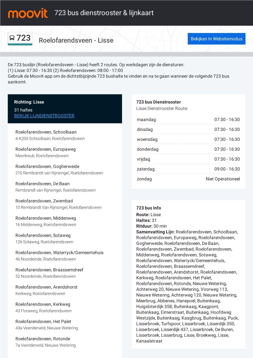 723 Bus Dienstrooster & Lijnroutekaart