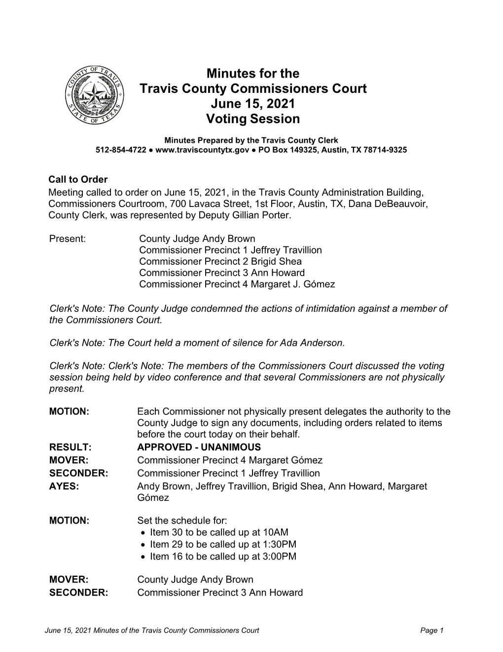 Minutes for the Travis County Commissioners Court June 15, 2021 Voting Session