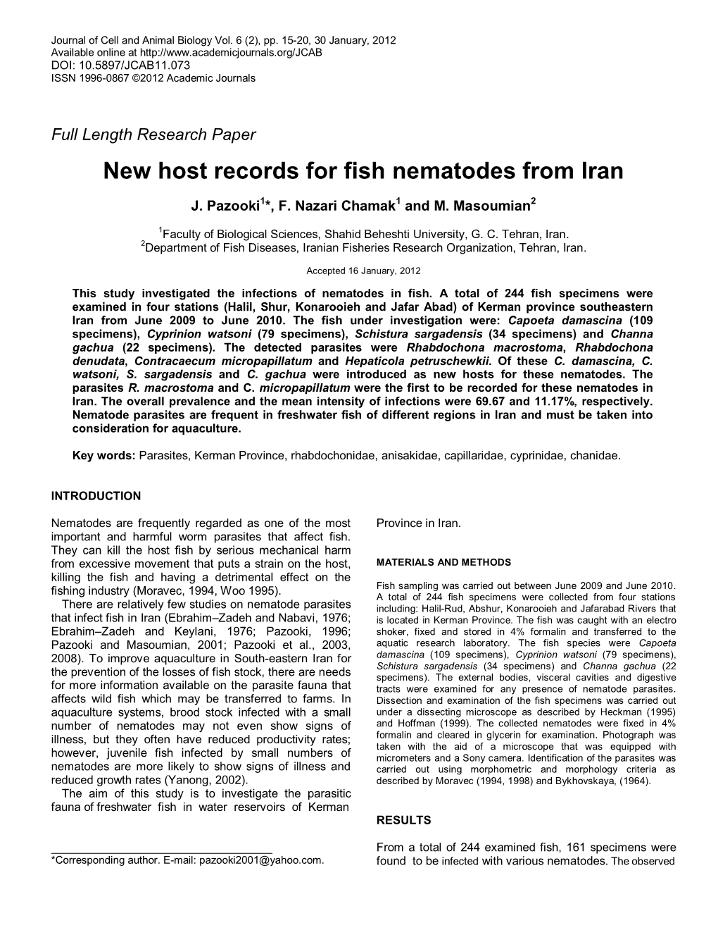 New Host Records for Fish Nematodes from Iran