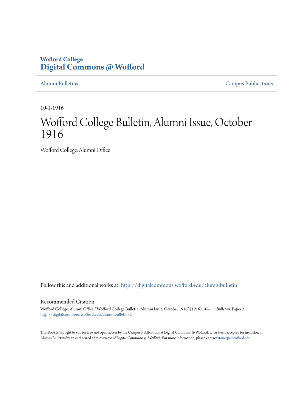 Wofford College Bulletin, Alumni Issue, October 1916 Wofford College