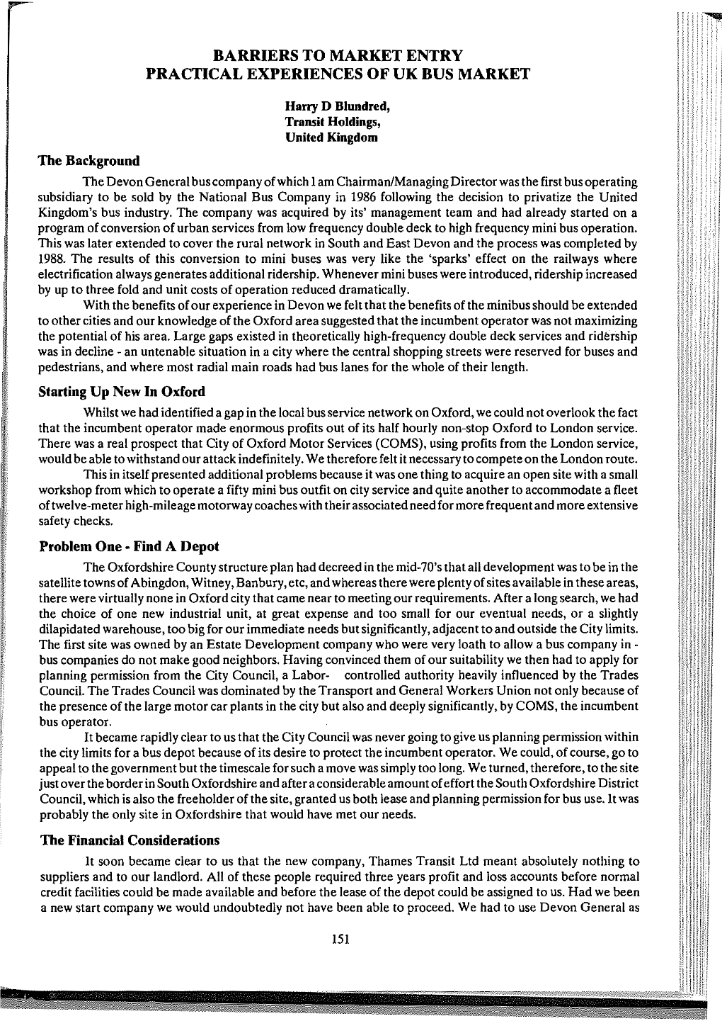 Barriers to Market Entry Practical Experiences of Uk Bus Market