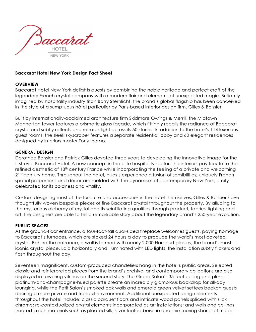 Baccarat Hotel New York Design Fact Sheet OVERVIEW Baccarat Hotel