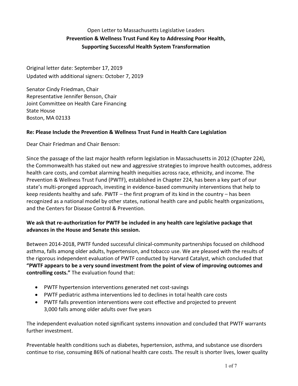2019 Open Letter to Legislative Leaders Supporting PWTF