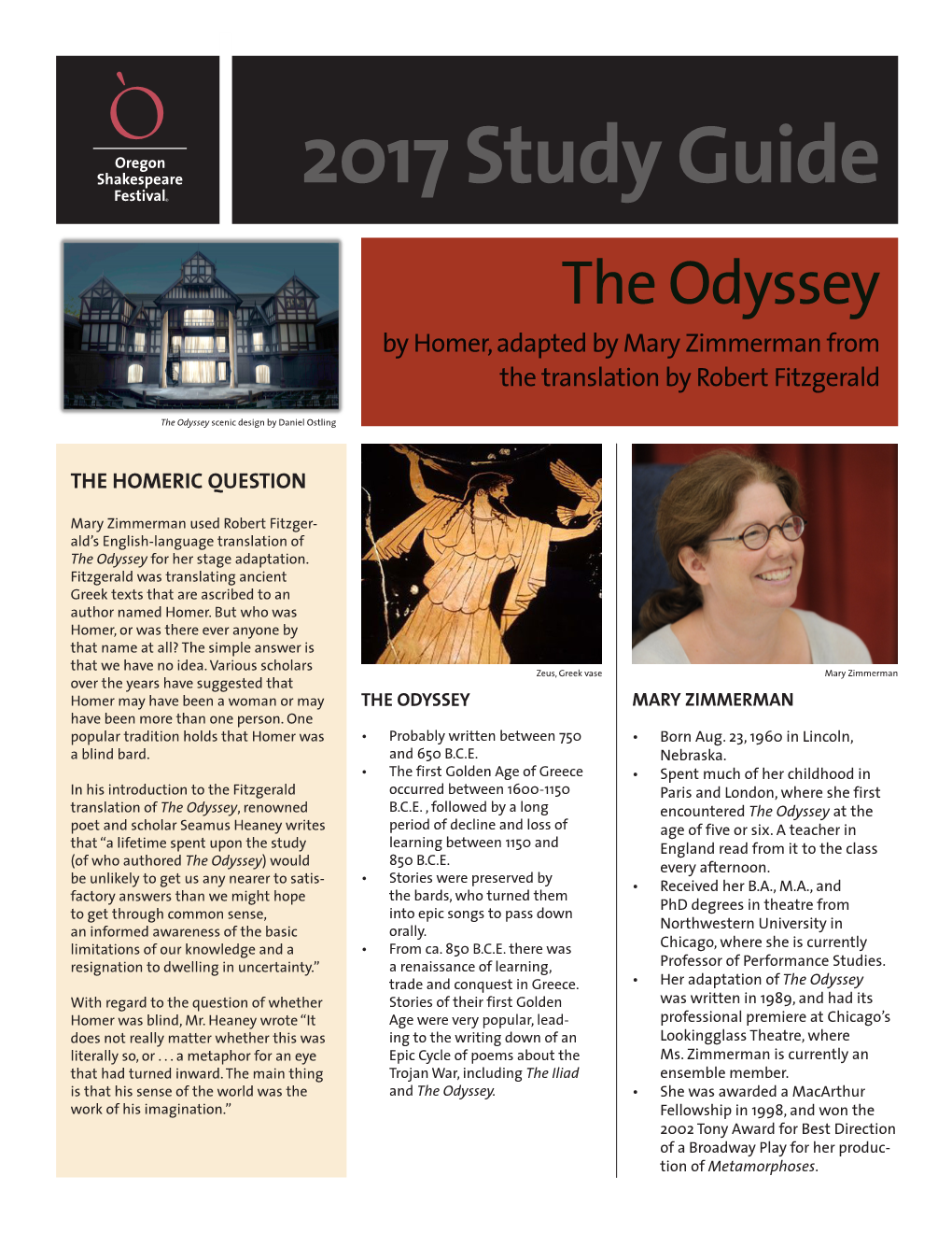 2017 Study Guide the Odyssey by Homer, Adapted by Mary Zimmerman from the Translation by Robert Fitzgerald