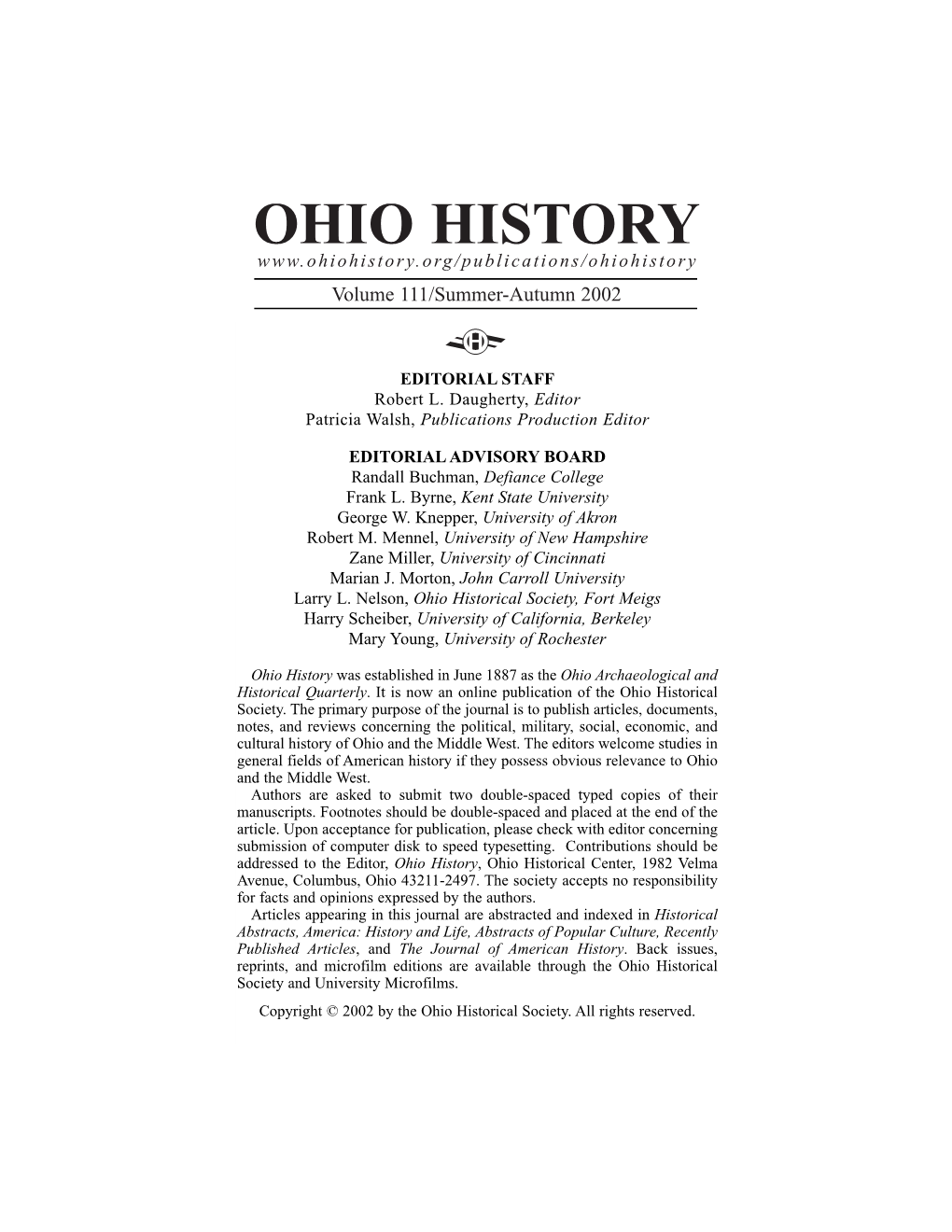 OHIO HISTORY Volume 111/Summer-Autumn 2002