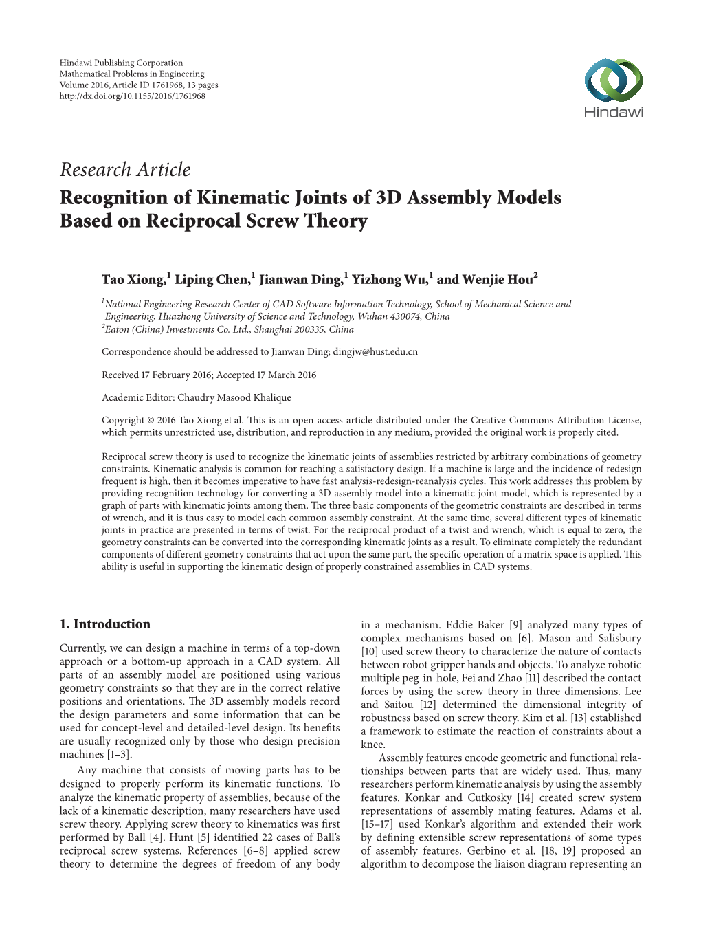 Recognition of Kinematic Joints of 3D Assembly Models Based on Reciprocal Screw Theory