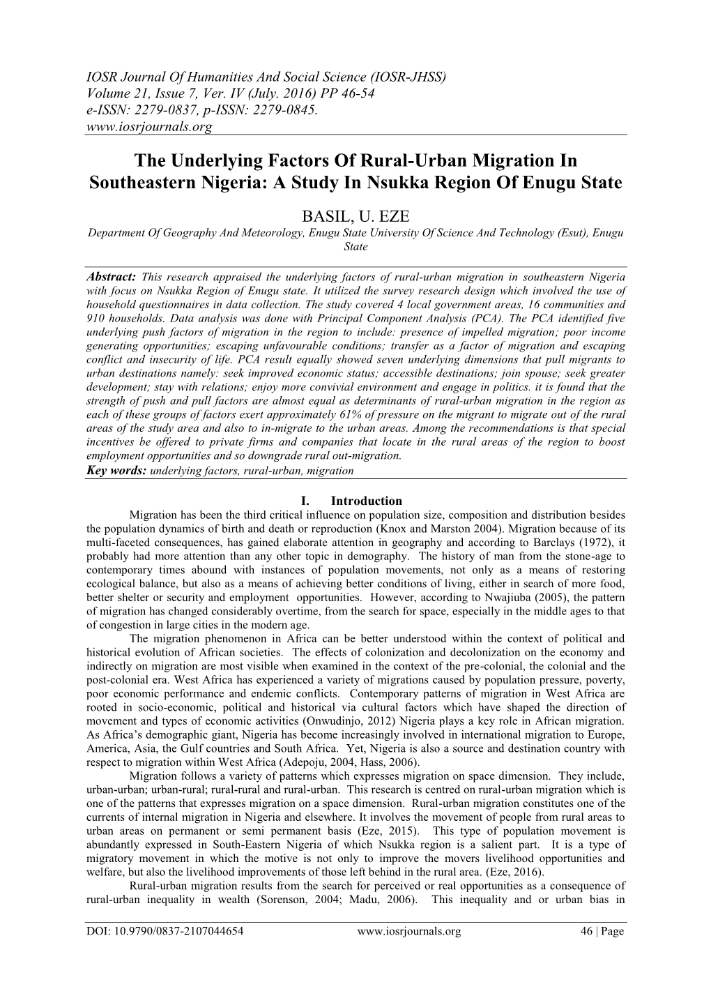 The Underlying Factors of Rural-Urban Migration in Southeastern Nigeria: a Study in Nsukka Region of Enugu State