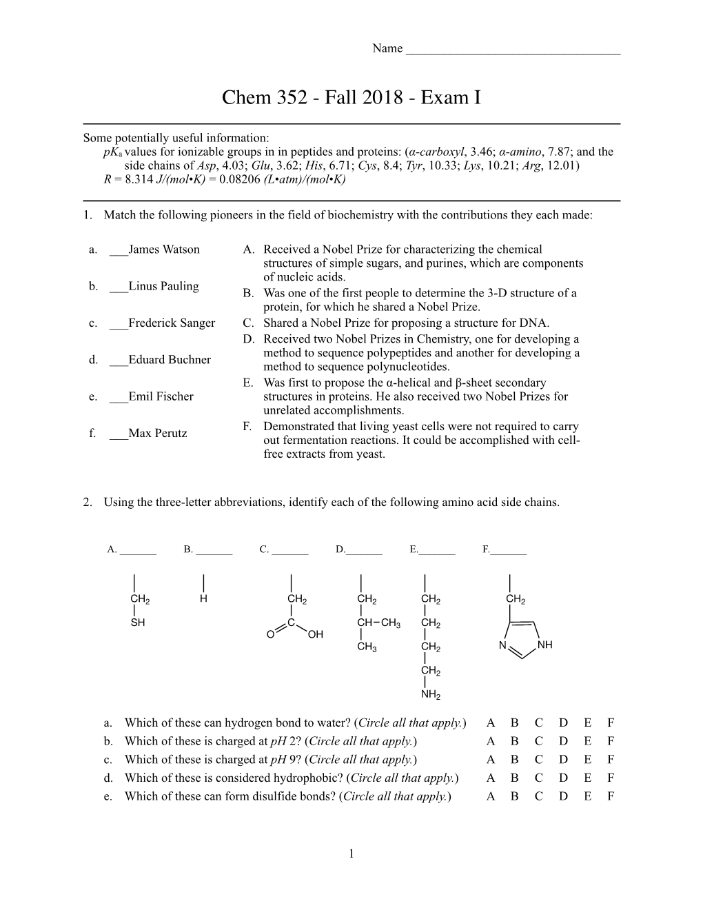 Chem 352 - Fall 2018 - Exam I