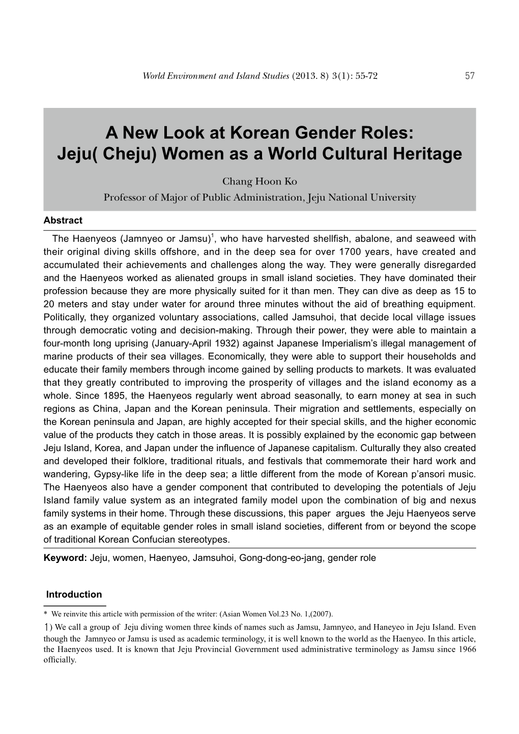 A New Look at Korean Gender Roles: Jeju( Cheju) Women As a World Cultural Heritage