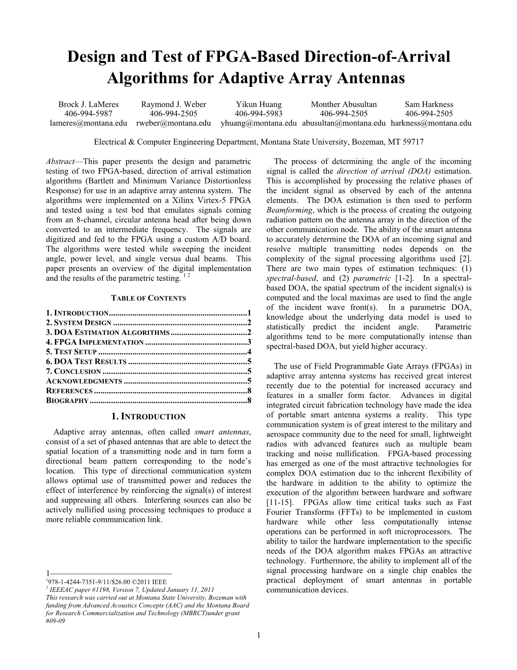 Design and Test of FPGA-Based Direction-Of-Arrival Algorithms for Adaptive Array Antennas