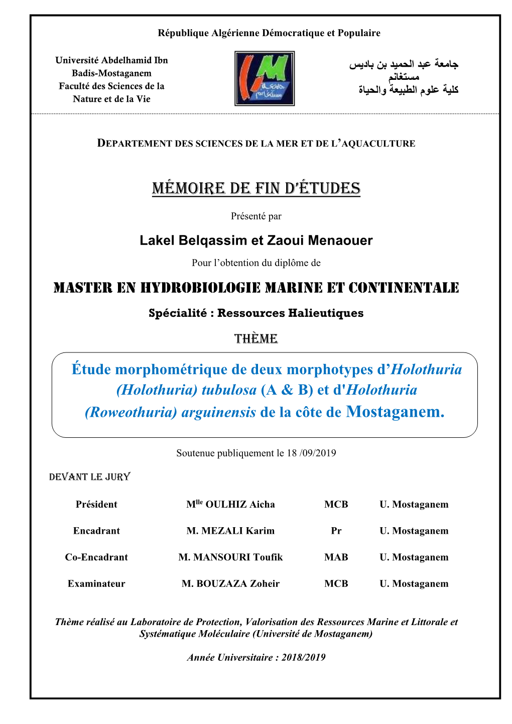 Mémoire De Fin D'études Momostaganem