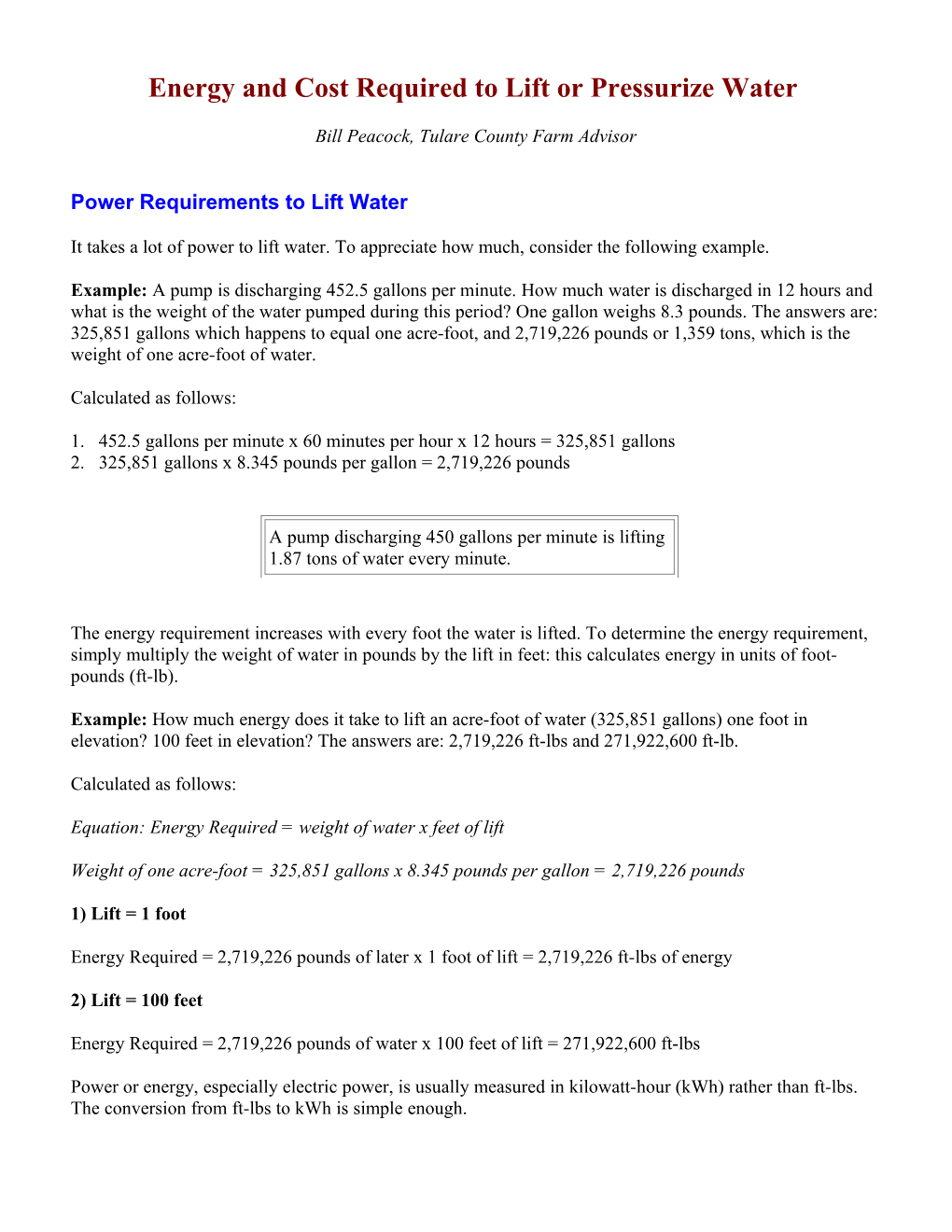 Energy and Cost Required to Lift Or Pressurize Water