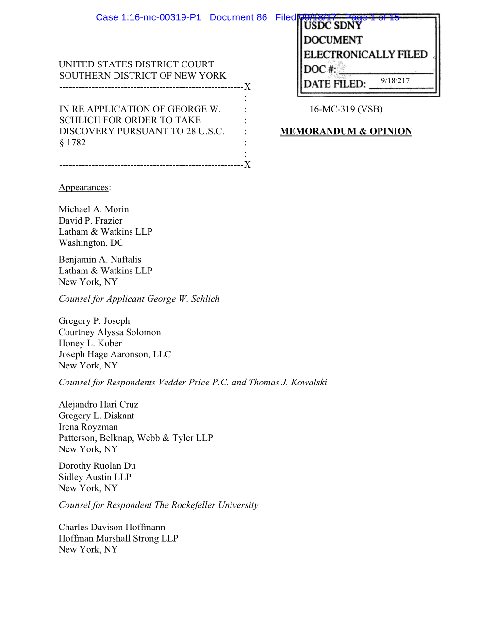 United States District Court Southern District of New York 9/18/217 ------X : in Re Application of George W