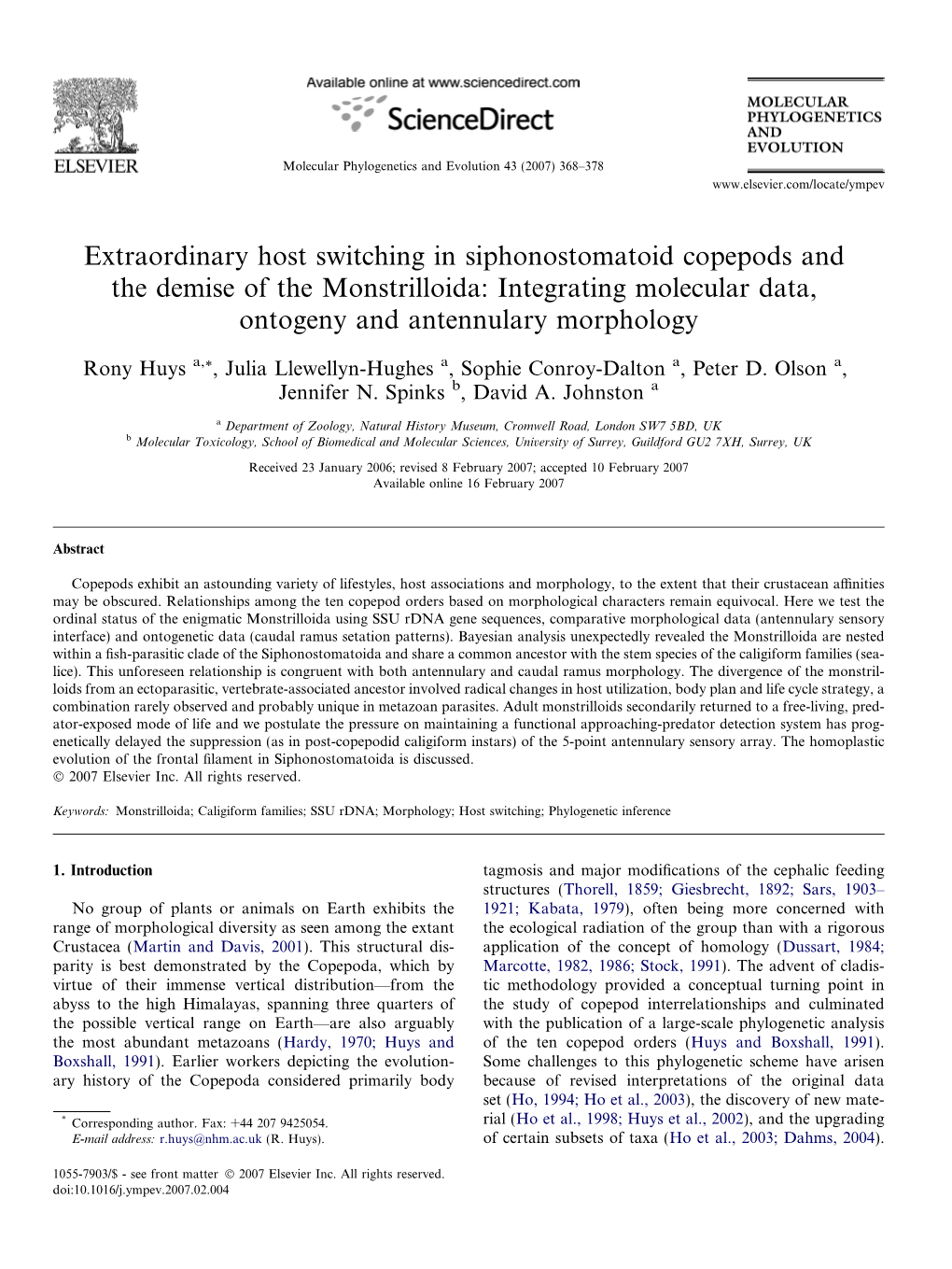 Extraordinary Host Switching in Siphonostomatoid Copepods and the Demise of the Monstrilloida: Integrating Molecular Data, Ontogeny and Antennulary Morphology