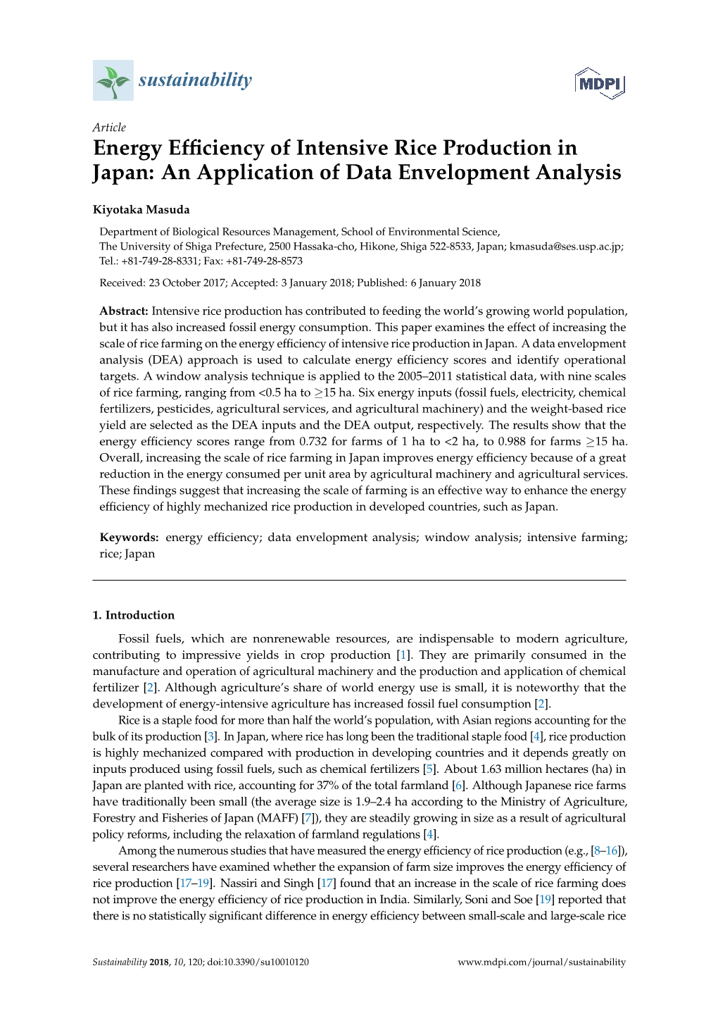 Energy Efficiency of Intensive Rice Production in Japan