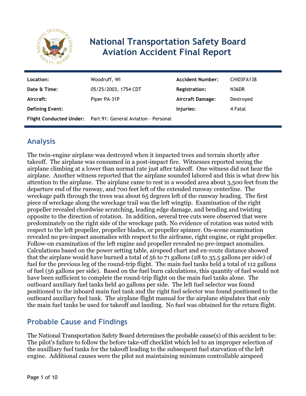 National Transportation Safety Board Aviation Accident Final Report