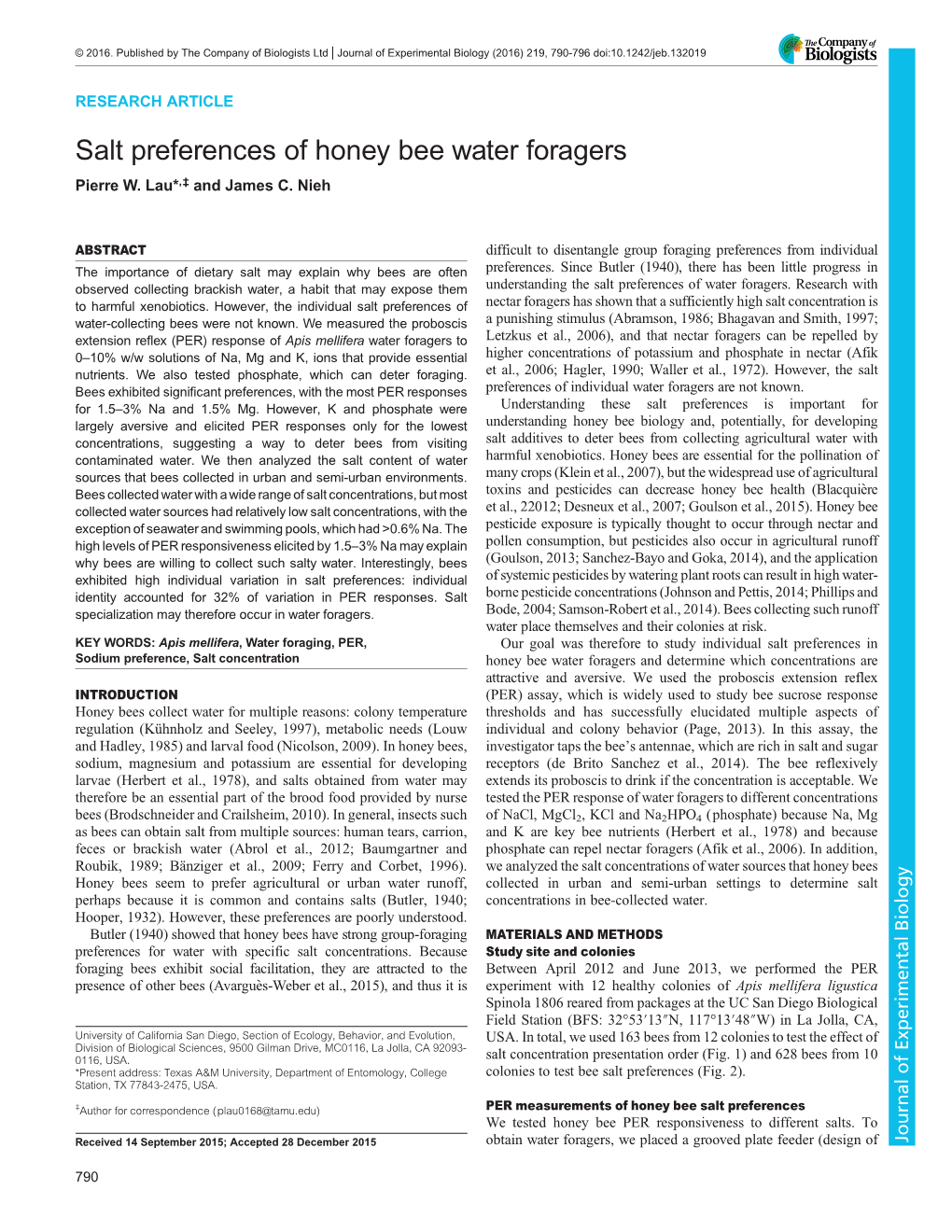 Salt Preferences of Honey Bee Water Foragers Pierre W