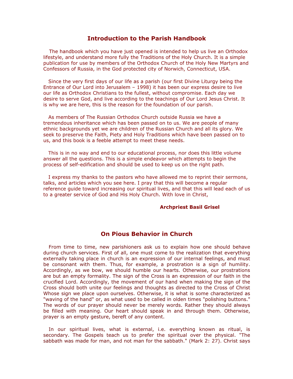 Introduction to the Parish Handbook