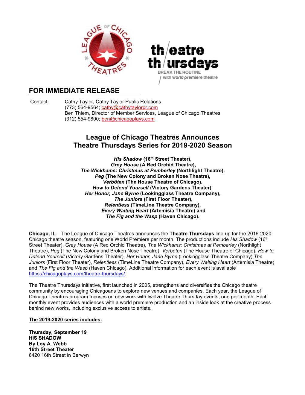 FOR IMMEDIATE RELEASE League of Chicago Theatres Announces