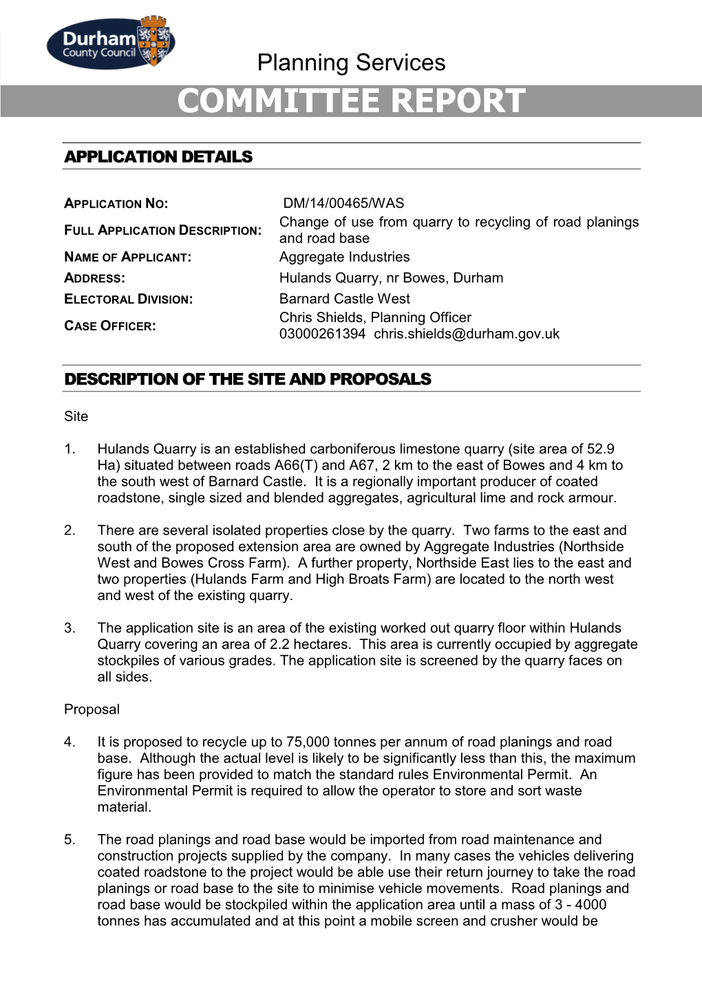 Hulands Quarry, Nr Bowes, Durham PDF 466 KB