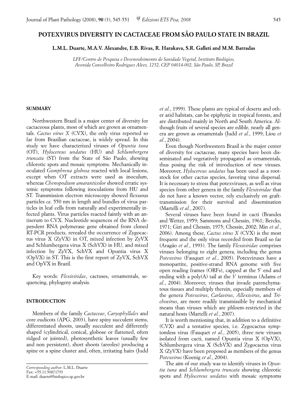 Potexvirus Diversity in Cactaceae from São Paulo State in Brazil