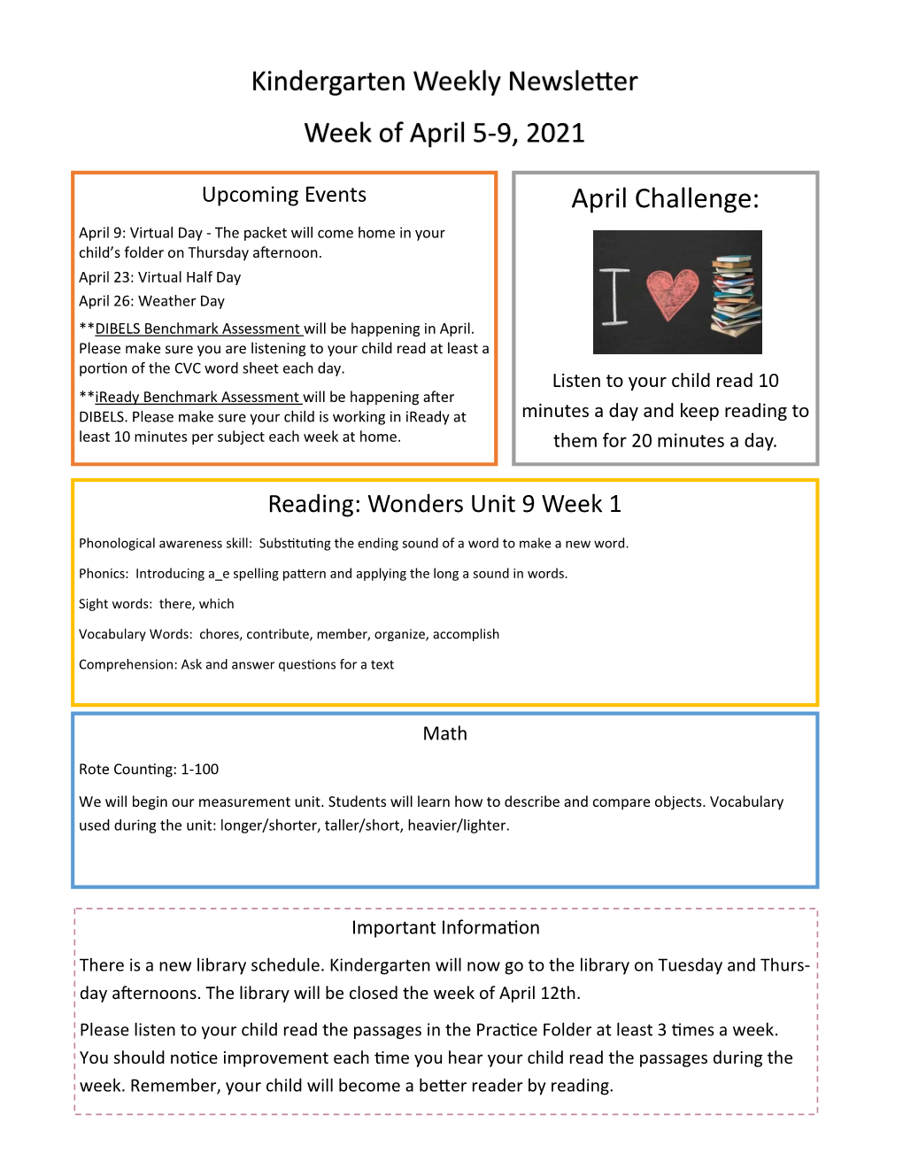 Kindergarten Weekly Newsletter Week of April 5-9, 2021