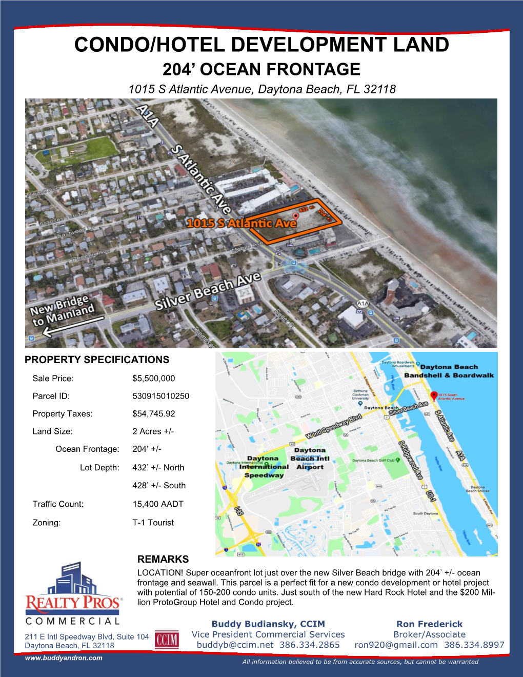 CONDO/HOTEL DEVELOPMENT LAND 204’ OCEAN FRONTAGE 1015 S Atlantic Avenue, Daytona Beach, FL 32118