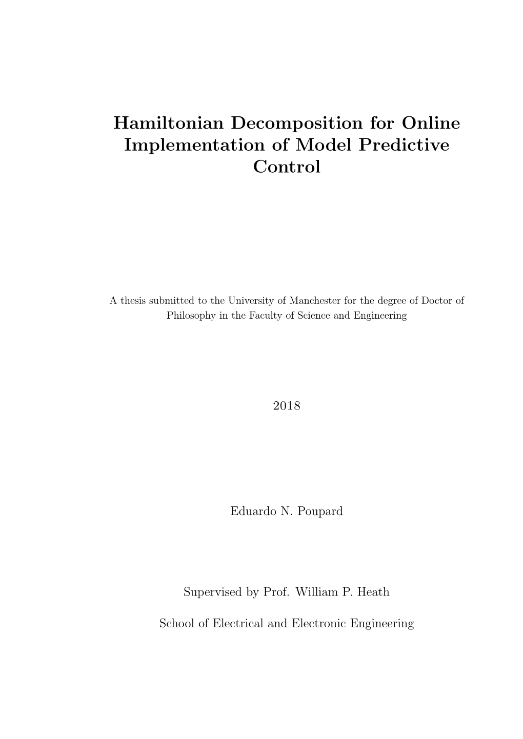 Hamiltonian Decomposition for Online Implementation of Model Predictive Control