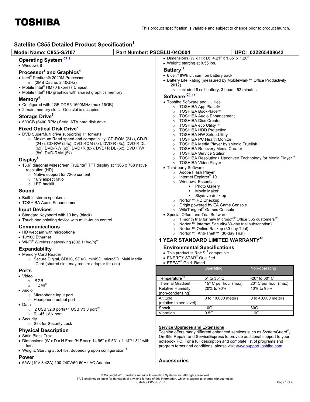 Satellite C855 Detailed Product Specification1