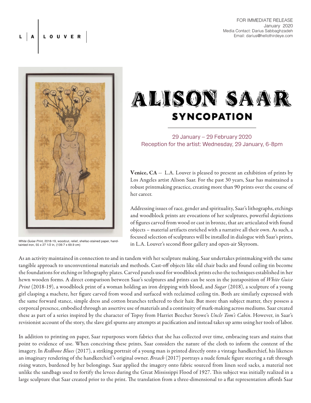 Venice, CA -- L.A. Louver Is Pleased to Present an Exhibition of Prints by Los Angeles Artist Alison Saar