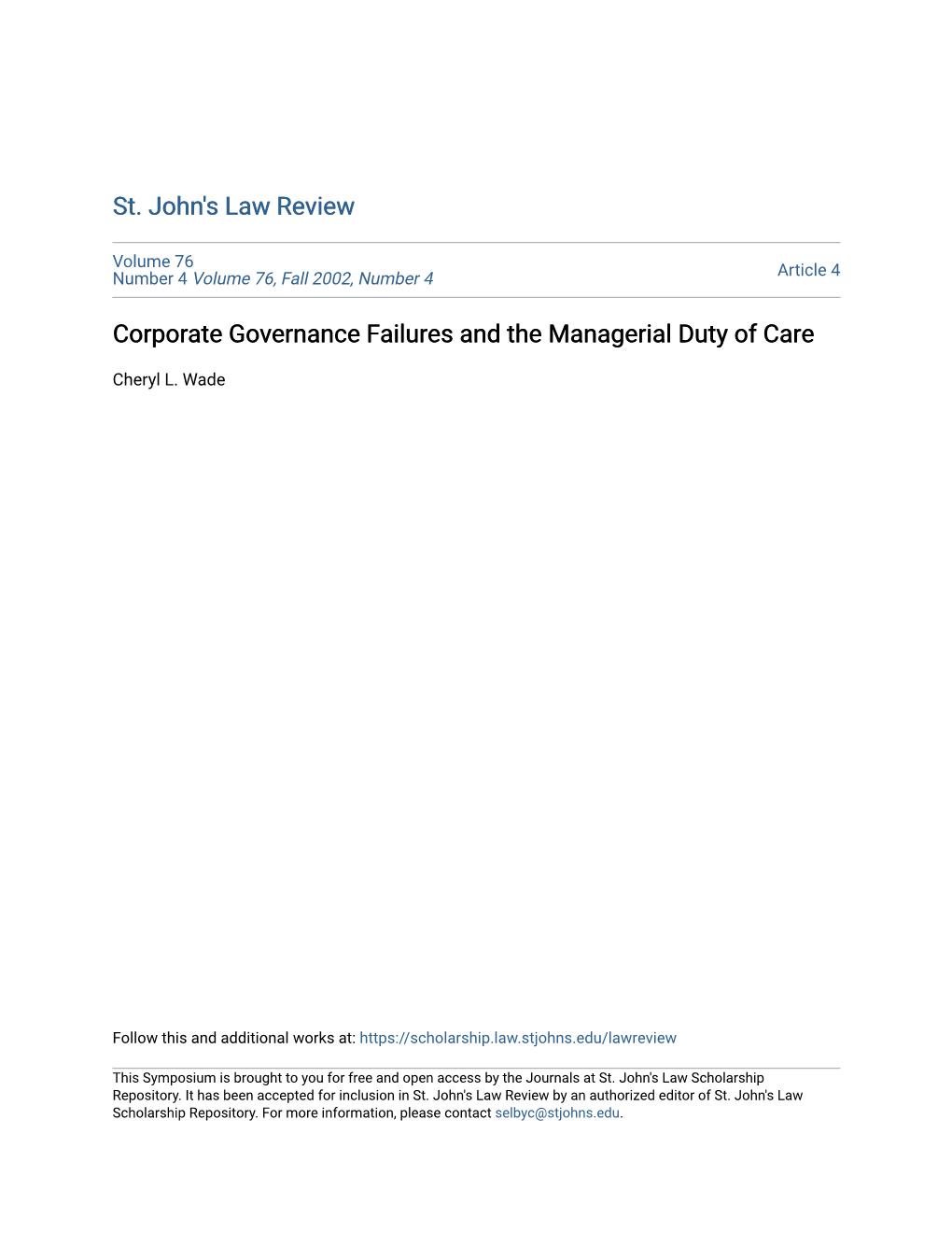 Corporate Governance Failures and the Managerial Duty of Care