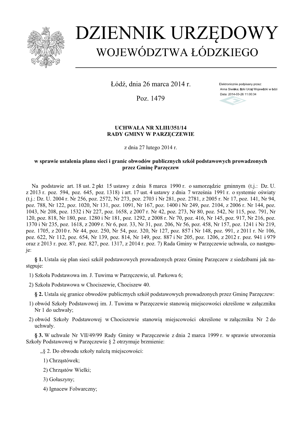 Uchwała Nr XLIII/351/14 Z Dnia 27 Lutego 2014 R